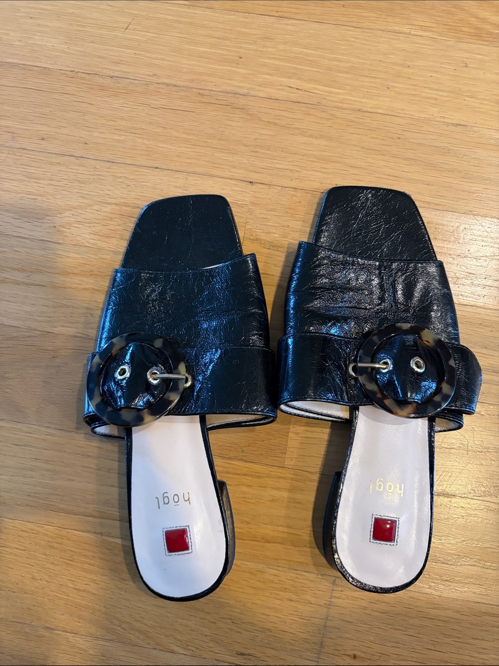 HOGL Black Leather Slide Mules with Tortoiseshell Buckle